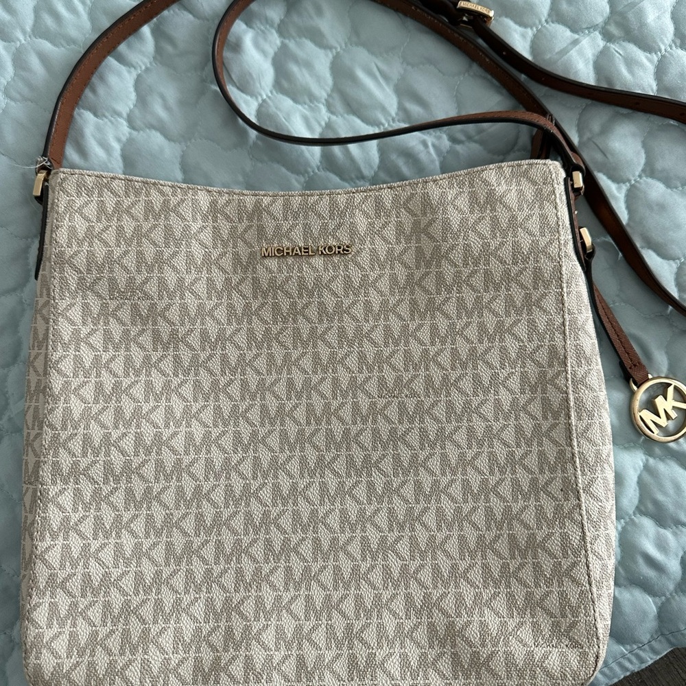 Michael Kors Cream Logo Crossbody with Brown Strap